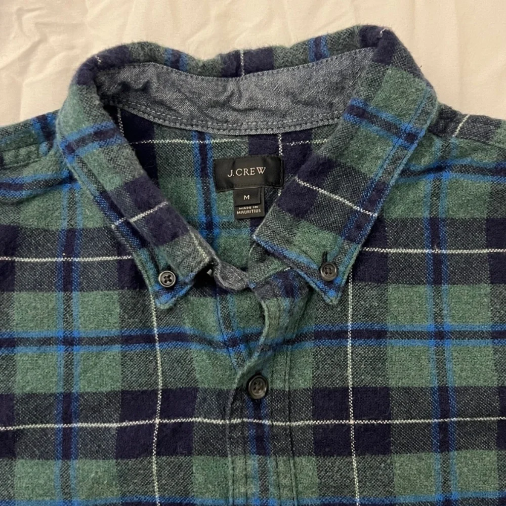 J. Crew Green and Navy Plaid Button-Down Shirt with Brown Elbow Patches